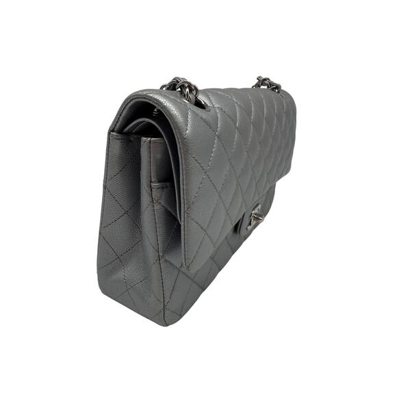 Chanel Leather Quilted Classic Double Flap CC Logo Medium Crossbody Bag Silver - Picture 3 of 16